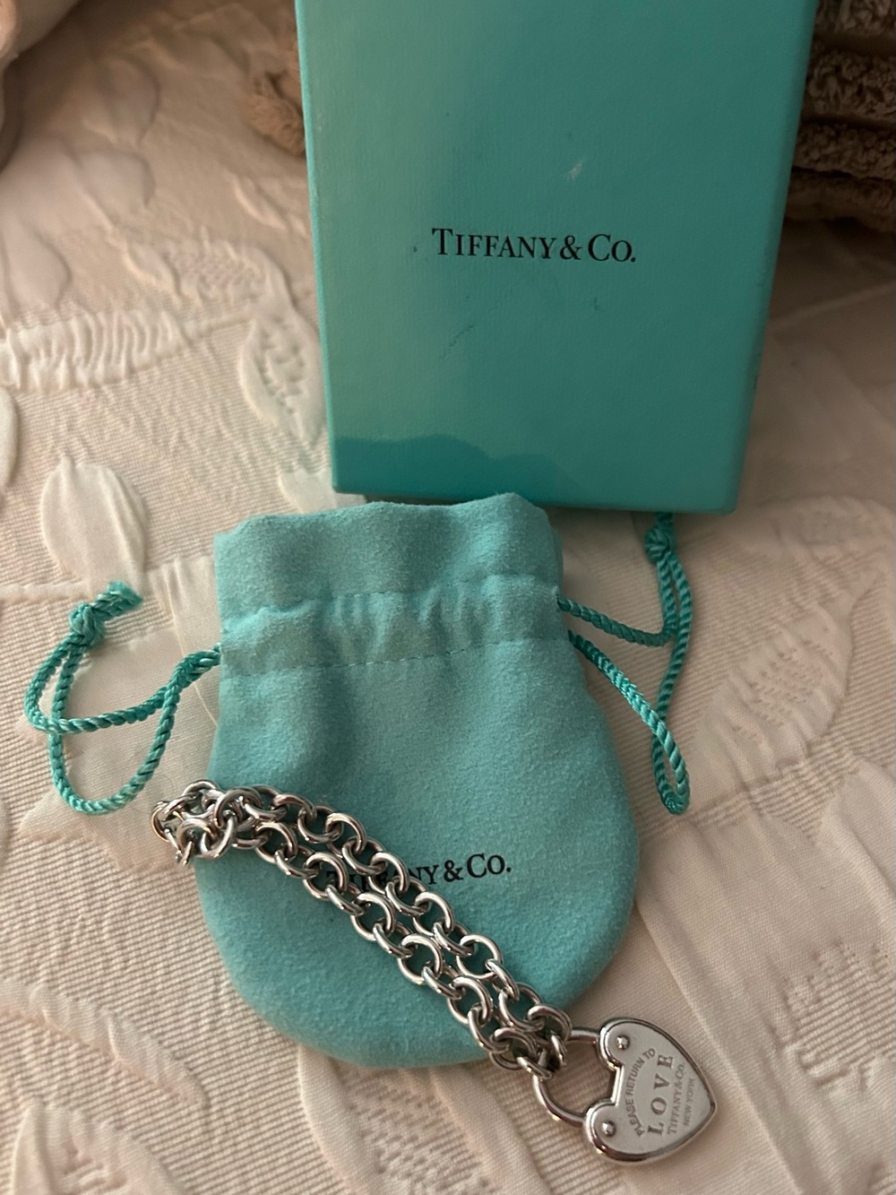 Tiffany & Co. Silver Heart Tag Chain Bracelet - Blue